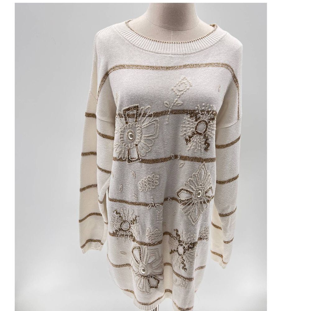 Vintage Beldoch Popper Cream/Gold Striped Holiday Scoop Neck Sweater- L